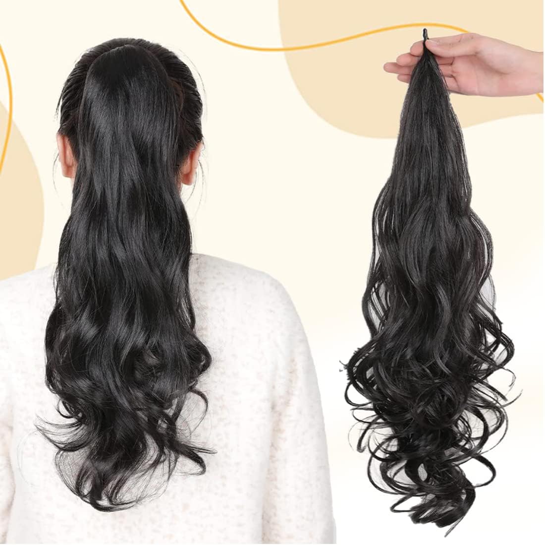 Excefore 32 Inch Ponytail Extension, False Ponytail Curly, Flexible Wrap Around Ponytail, Long Curly Synthetic Ponytail Wavy, Ponytails Hairpieces for Women Girls Daily Use (Natural Black)