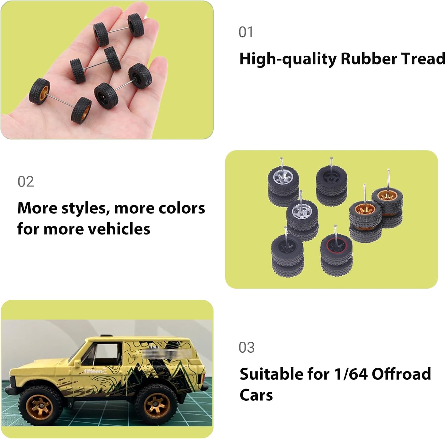 1/64 Off-Road Wheels & Tires 10 Mixed Styles for Trucks Cars Upgraded Rubber