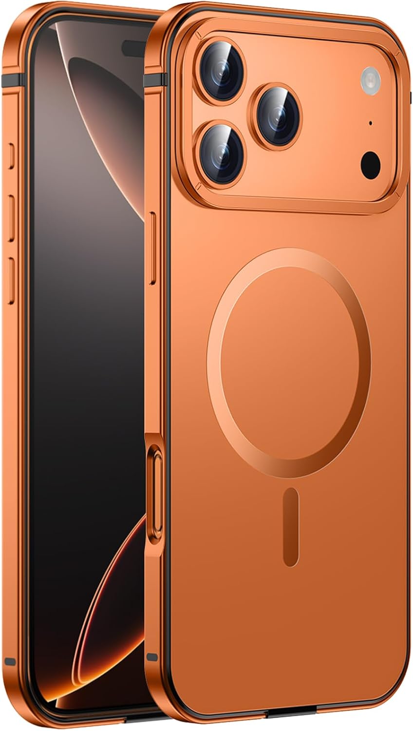 Magnetic Case for iPhone 17 Pro Max, Stainless Steel Metal Frame Matte Finish Coating Back [Compatible with MagSafe] Shockproof Anti-Fingerprint with Metall Camera Ring, Orange