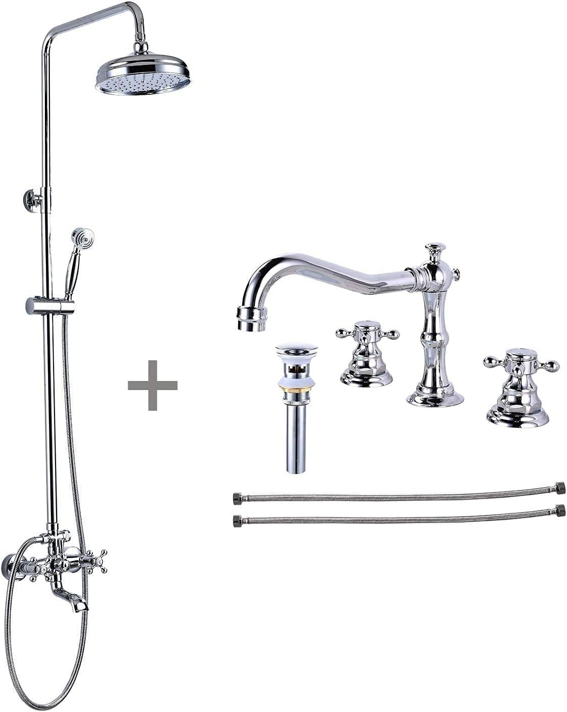 Wall Mount Chrome Polished Shower Fixture 8 Inch Luxury Rainfall Shower Head with Handheld Spray 3 Functions Shower Combo Set with Matching Chrome Polished Widespread Bathtub Faucet 3 Hole Deck Mount