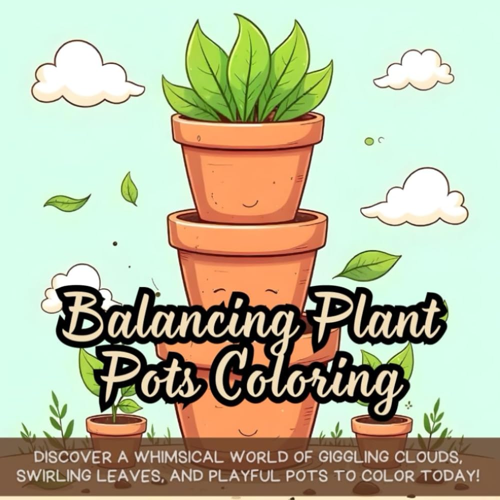 Balancing Plant Pots Coloring: Discover a whimsical world of giggling clouds, swirling leaves, and playful pots to color today!