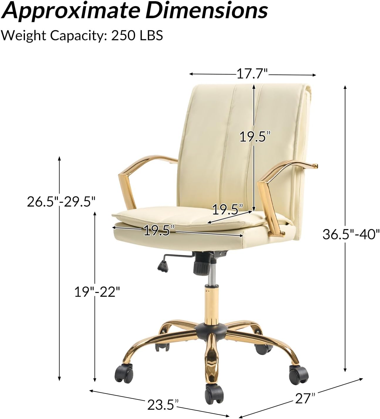 HULALA HOME Faux Leather Office Chair, Modern Adjustable Swivel Rocking Rolling Wheels Computer Desk Chair with Gold Legs and Arms, Upholstered Study Chair (White)