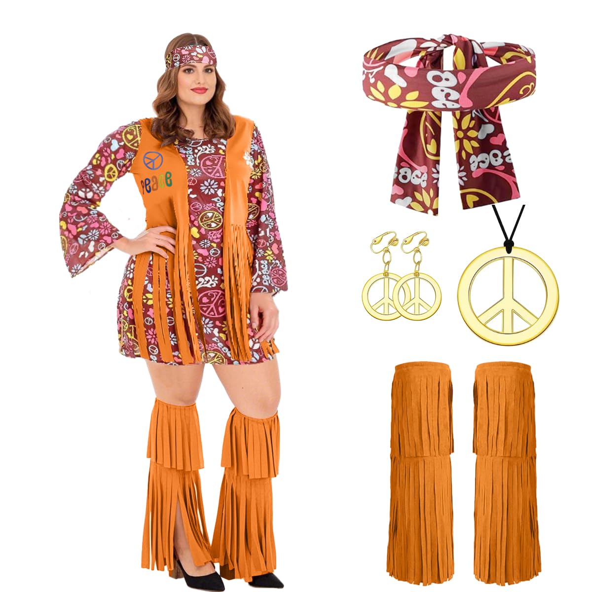 LGZIN Disfraz Hippie Mujer, Talla Grande Vestido Hippie Mujer Disfraz, Disfraz Años 70 Mujer con Accesorios Disfraz Hippie, Ropa Años 70 Disfraz, Traje Hippie Mujer para Carnaval Cosplay (XXL/XXXL)