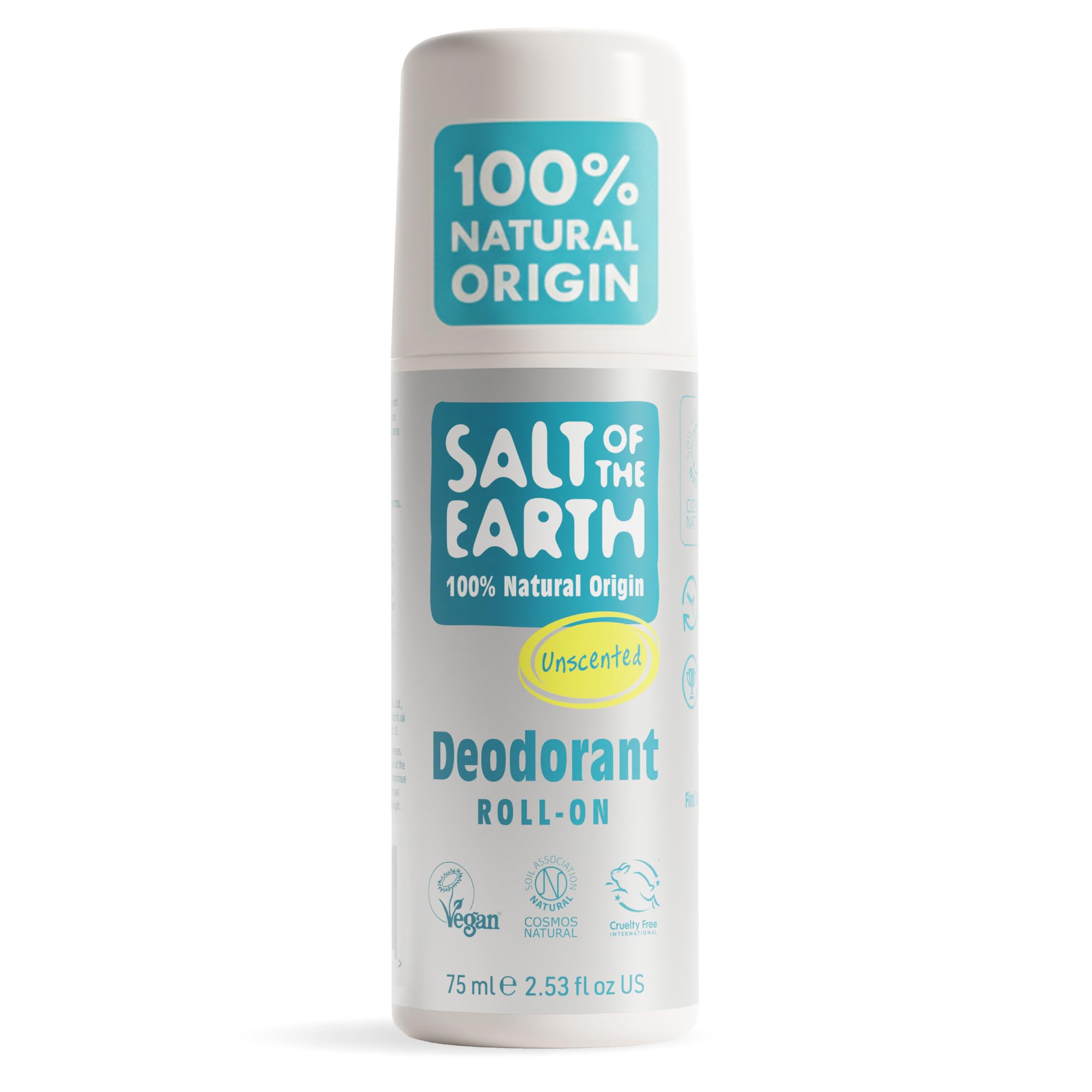 Salt of the Earth - Natural Deodorant Roll On - Effective Protection, 100% Natural Origin Ingredients, Vegan, Fragrance Free, Suitable for Women, Men & Kids - Unscented - 75ml