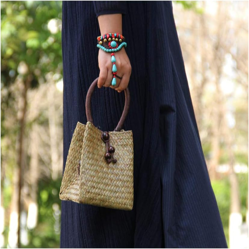 Hand-woven Mini Retro Straw Handbag Bag Summer Beach Boho Rattan Tote Travel Bag with Wood Beaded Tassel Pendant (Beige) - Image 3