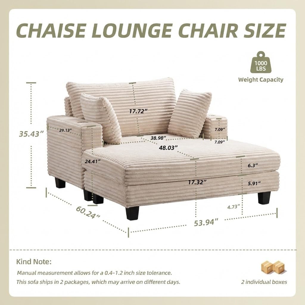 60'' Oversized Chaise Lounge Chair Indoor, Corduroy Upholstered Lounge Sofa with Wood Frame, Comfy Lounge Chaise with Pillows and Cup Holder, Deep Seat Lounge Chair for Living Room Bedroom