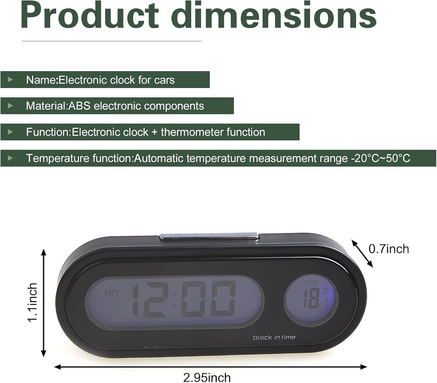 Car LED Luminous Clock, 2 in 1 Small Clock with Fahrenheit Temperature Display, Car Switching 12/24-hour Timing System Dashboard Watch, Adjustable Self-Adhesive Watch with Fixed Base (Black)