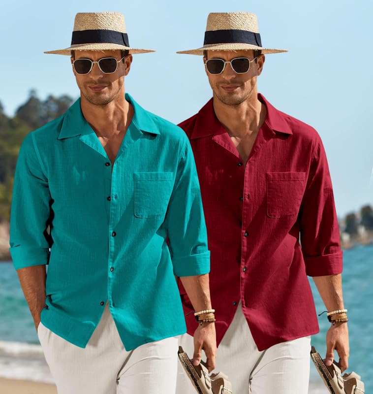 Image of Combo of Men's Casual Cotton Blend Shirt || Long Sleeve Button Down with Spread Collar | Lightweight Breathable Fabric | Stylish Solid Shirt for Beach, Office & Everyday Wear Pack of 2