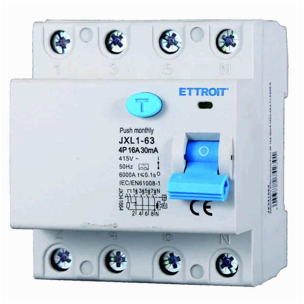 Interruttore magnetotermico differenziale puro 4P, 4 moduli, Tipo AC, 380Vac, 16A, 30mA, 6KA, classe A - Ettroit JX341664