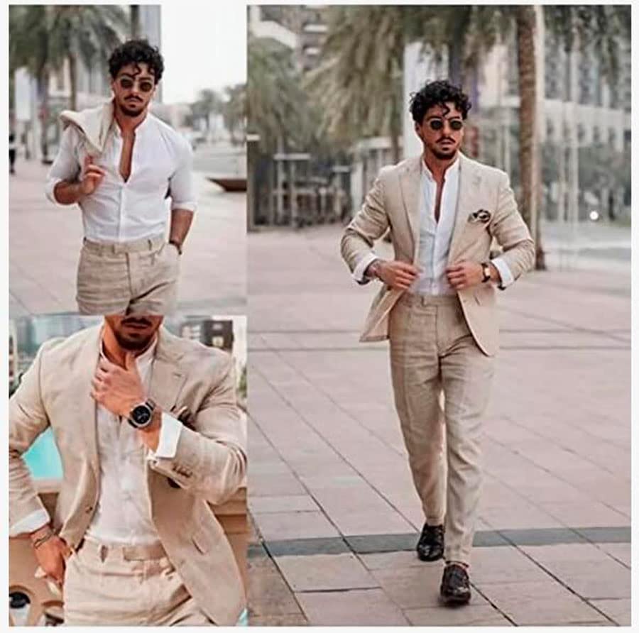 Mens Linen Suit for Summer Beach Wedding Slim Fit Blazer Pants Groom Tuxedos Prom Suit3
