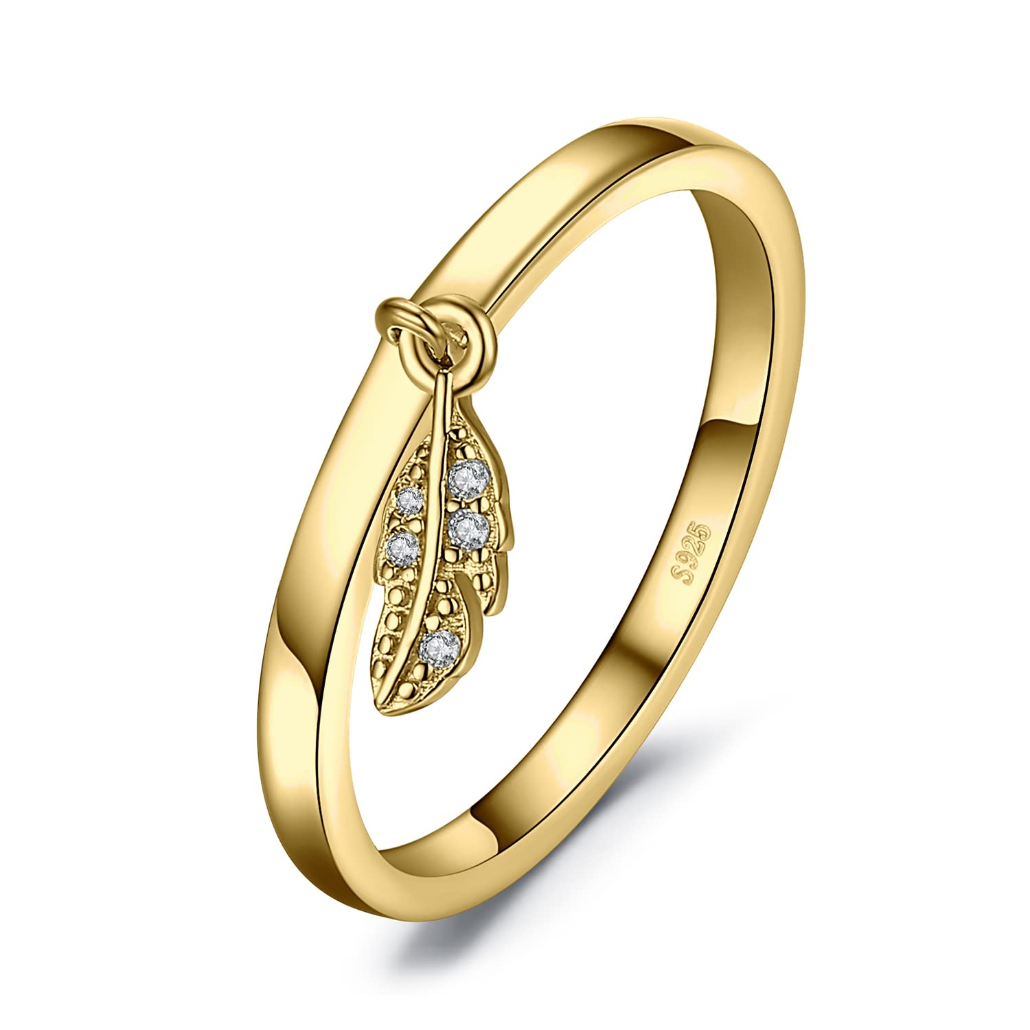JewelryPalace Pluma Anillos Mujer Plata Oro 14k Oro Rosa, Anillo Promesa con Colgante Elegante, Anillo Sencillo Joyas de Mujer Piedra, Anillos Niña con Estilo, Conjunto Joyas Mujer
