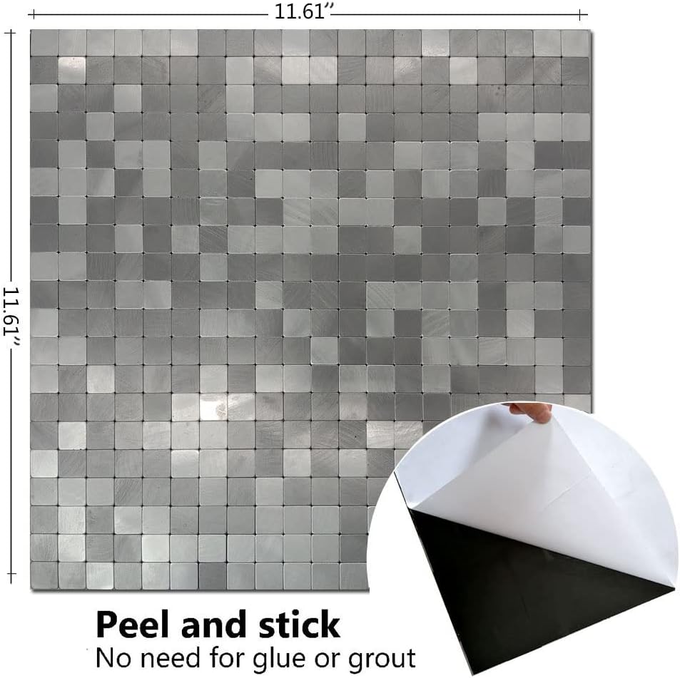 XUANINY 5-Sheet Peel and Stick Metal Backsplash Tiles, Silver Frosted Surface Square Aluminum Mosaic Sticker for Kitchen Wall Bathroom(11.61"x11.61" Per Sheet,Pack of 5pcs) (Silver Grey)