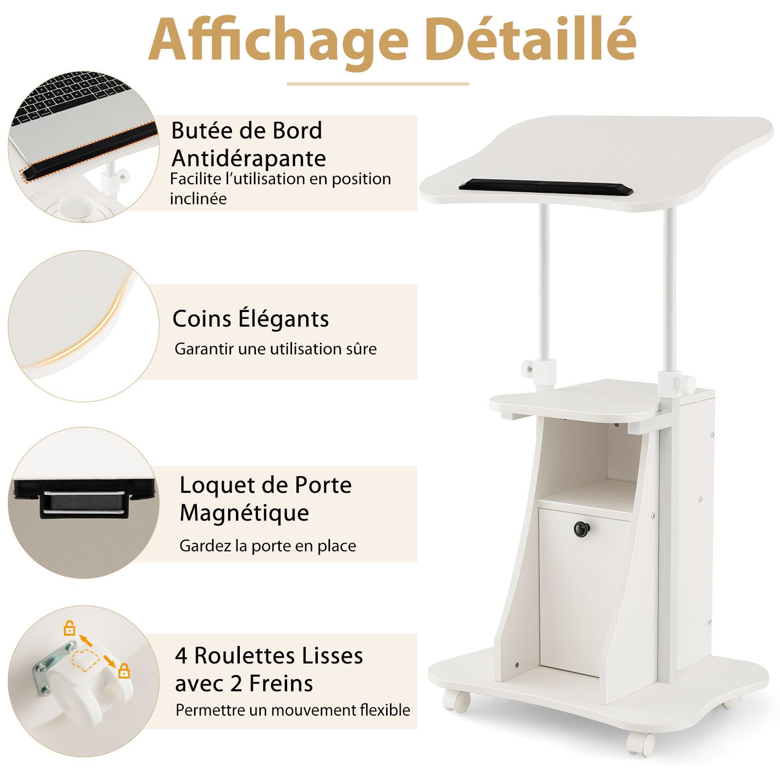 GYMAX Podium Roulant pour Ordinateur, Pupitre Plateau Inclinable 180°, Hauteur Réglable, Compartiments de Rangement, roulettes Verrouillables, Bureau Assis-Debout pour Maison, Bureau, École (Blanc)