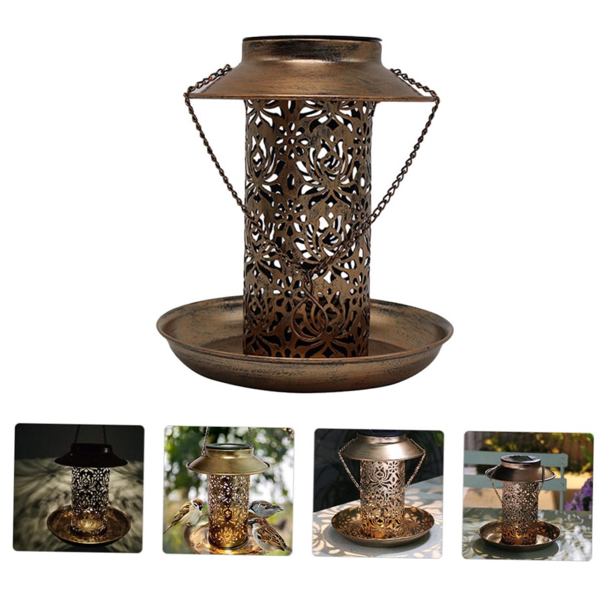 Happyyami Solarbetriebener Vogelfutterbehälter aus Eisen mit LED Licht Ip55 Hängend für Garten und Hinterhof zur Vogelanziehung