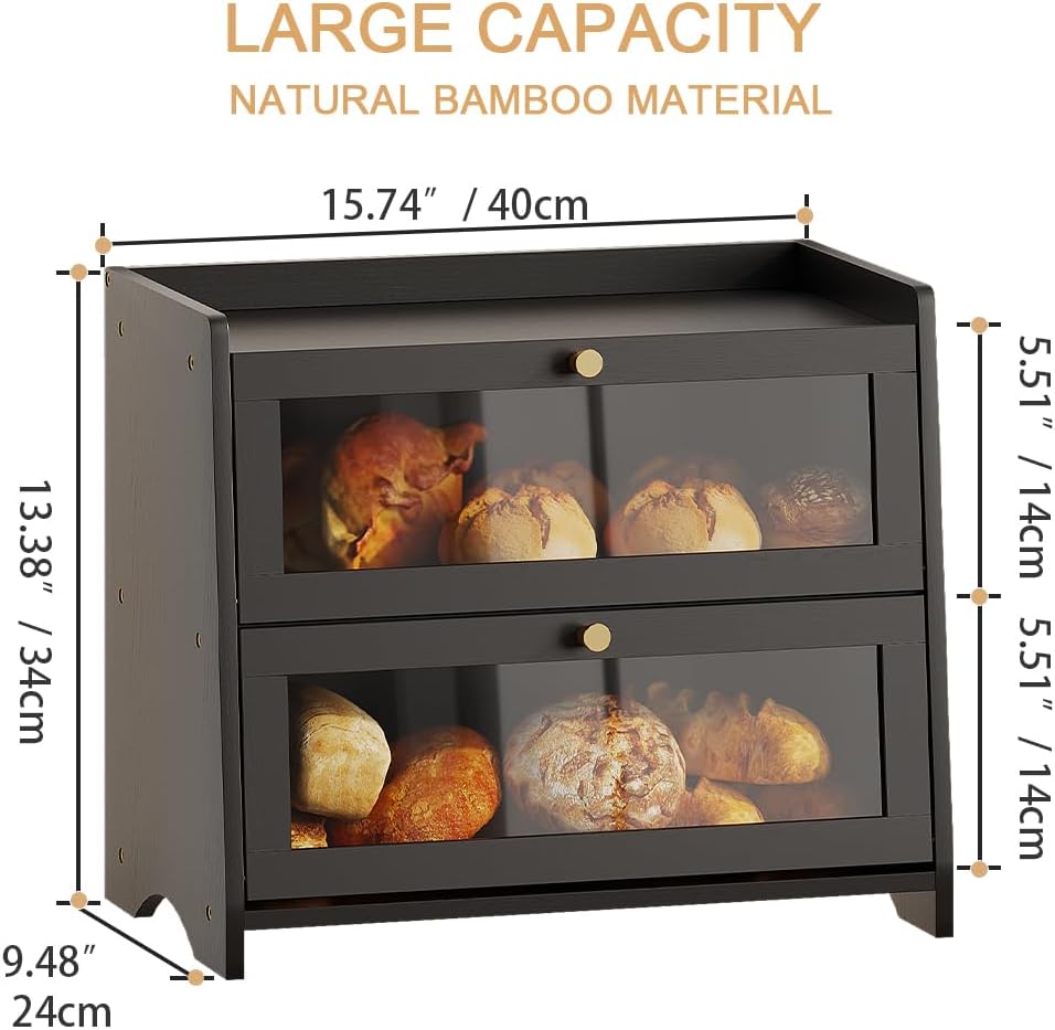 BAMBANG Bread Box for Kitchen Countertop, Extra Large Bamboo Bread Storage Container for Homemade Bread, Double Layer Breadox, Bread Bin Organizer for Counter Cabinet Pantry, Black