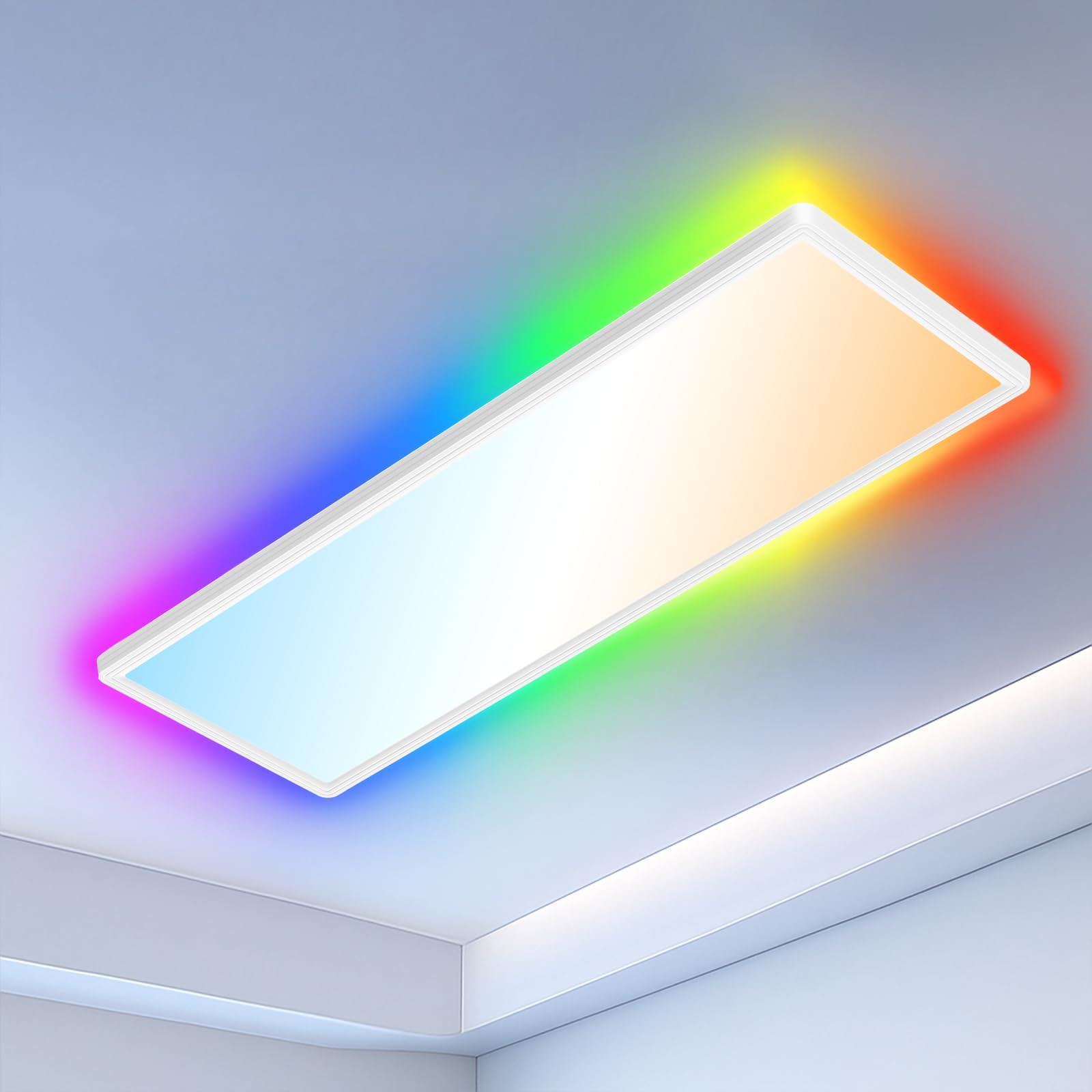 Deckenlampe Led Deckenleuchte Dimmbar Flach, mit RGB Backlight, Nachtlicht LED Panel Lampe Decke Rechteckig Badlampe Fernbedienung Timer 3000K-6500K 24W 3000LM für Wohnzimmer Kinderzimmer Schlafzimmer