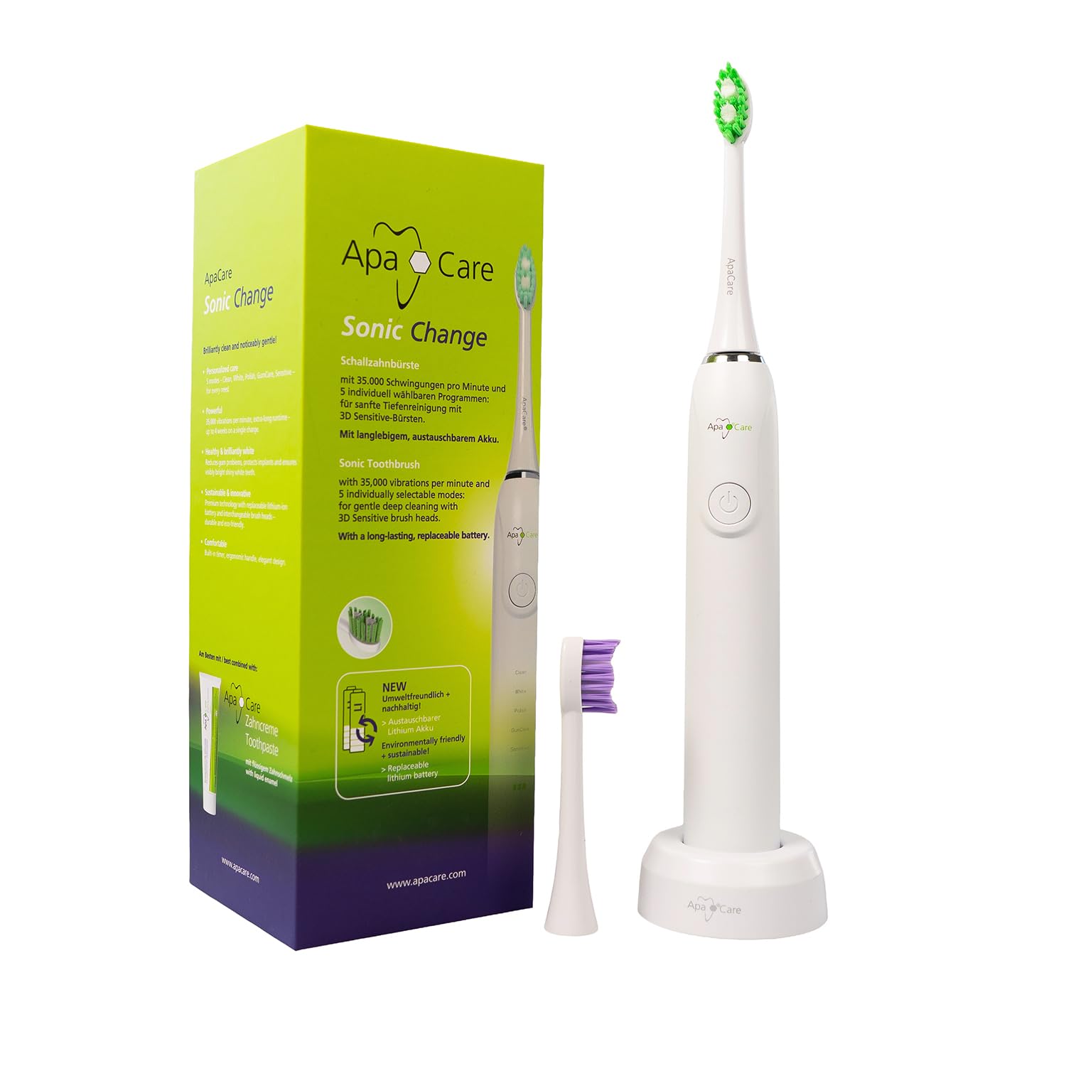 ApaCare Sonic Change Sonic Toothbrush - Electric Toothbrush with 35,000 Vibrations/Min, 5 Programmes and Replaceable Battery, Includes 2 "3D Sensitive" Brush Heads-image-34