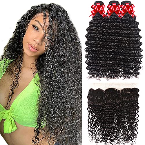 Brazilian Hair Bundles with Frontal Deep Wave Bundles with Frontal Virgin Human Hair Ear to Ear Lace Frontal with Bundles 100% Unprocessed Wet and Wavy Bundles Hair Extensions (16 18 20+14)