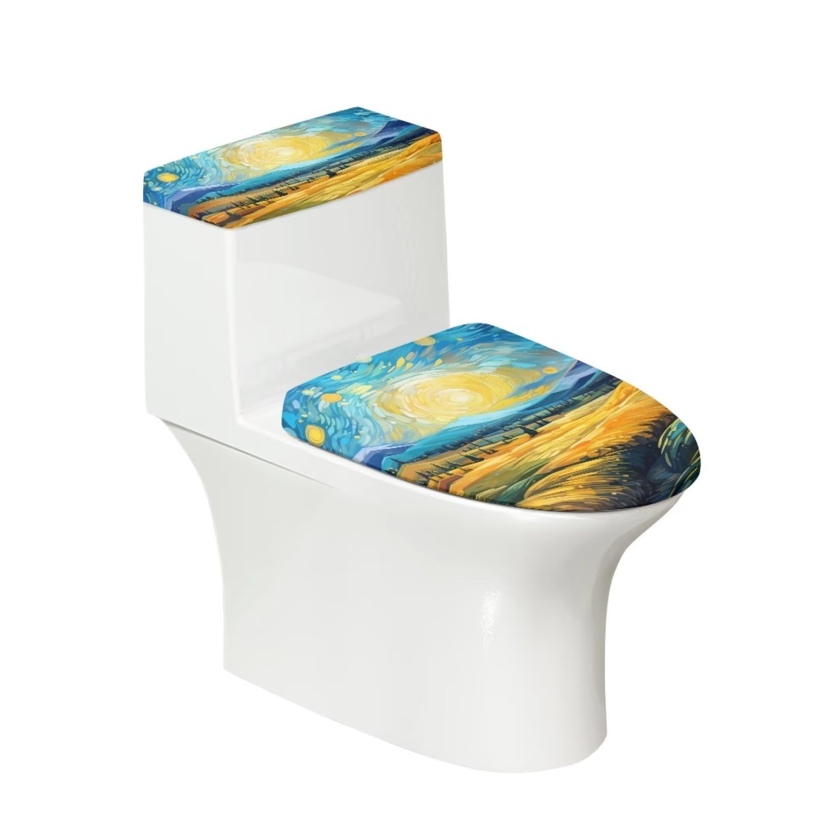 TODIYADDU Starry Night Toilet Lid Cover and Toilet Tank Cover Wheat Field Toilet Lid Covers for Bathroom Oil Painting Toilet Tank Lid Replacement Elongated Toilet Seat Cover Accessories Decor Gifts-2