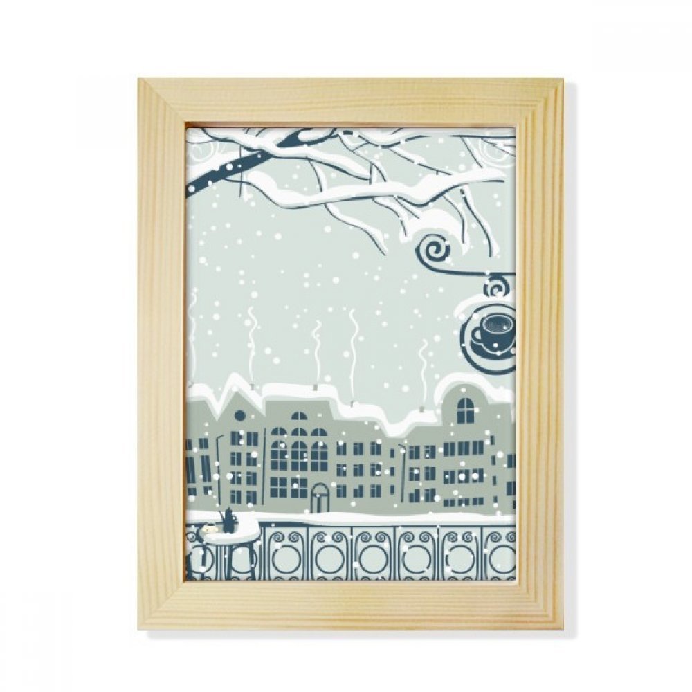 Paisaje de nieve con farola y pájaro en marco de madera para crear un ambiente invernal