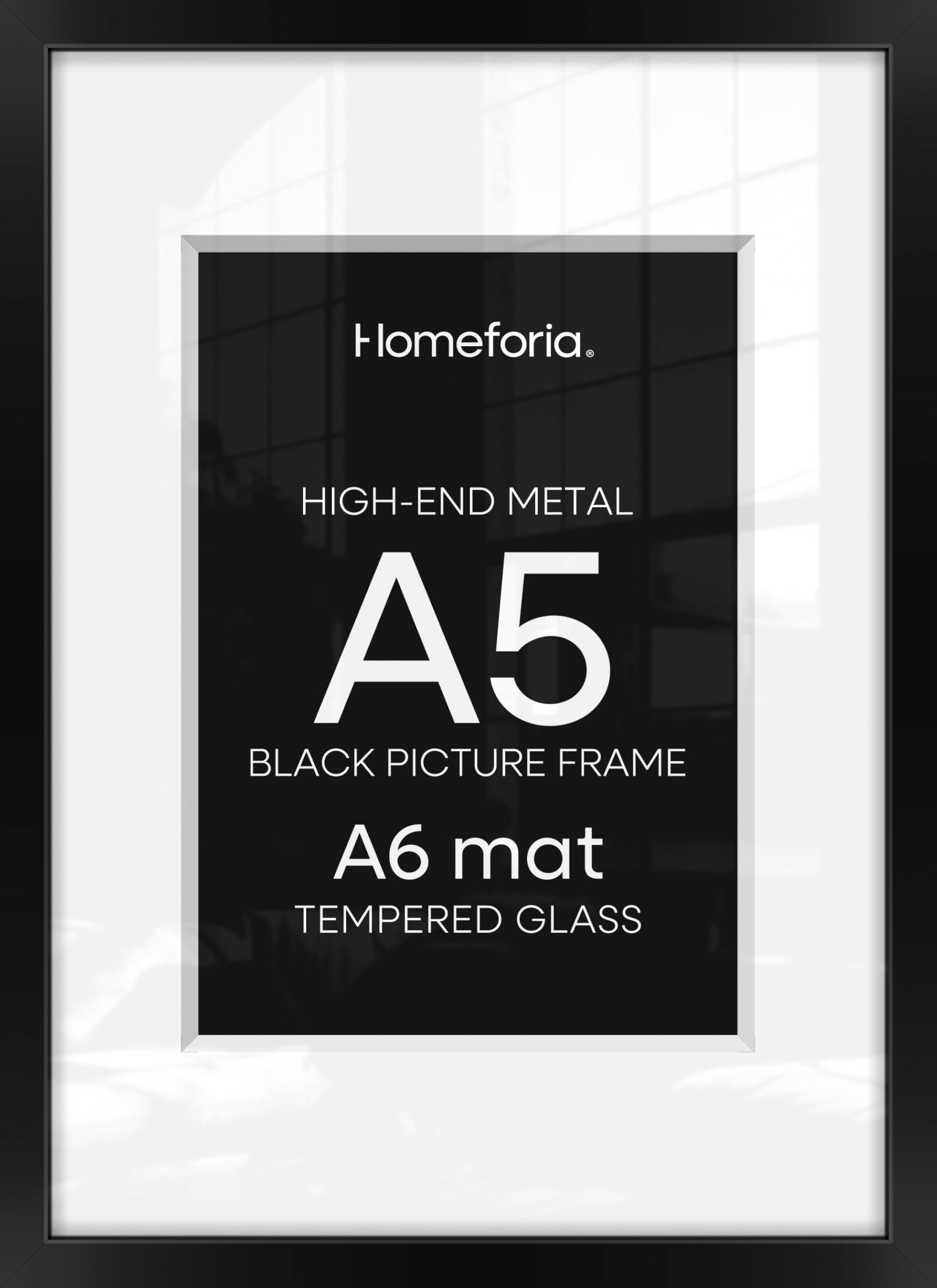 Homeforia A5 Black Picture Frame, High-End Metal, A6 Mat, Glass | High End Aluminum, Tempered Glass, Acid-Free A6 Removable Mat, A5 Edge-to-Edge Display, Wall Kit, Set Of 4
