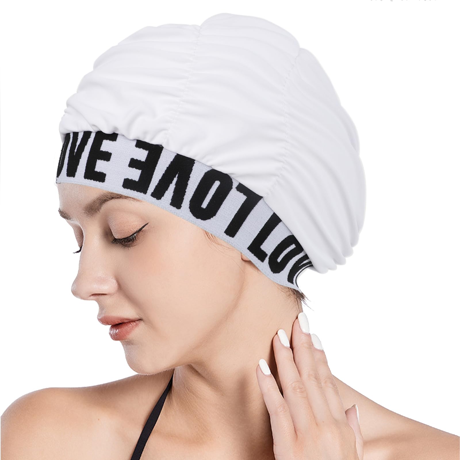 Beisto Fabric Swim Cap for Women Swimming Cap Long Hair Swim Cap for Women Adult Large Swim Cap Bathing Cap Swim Hats, white
