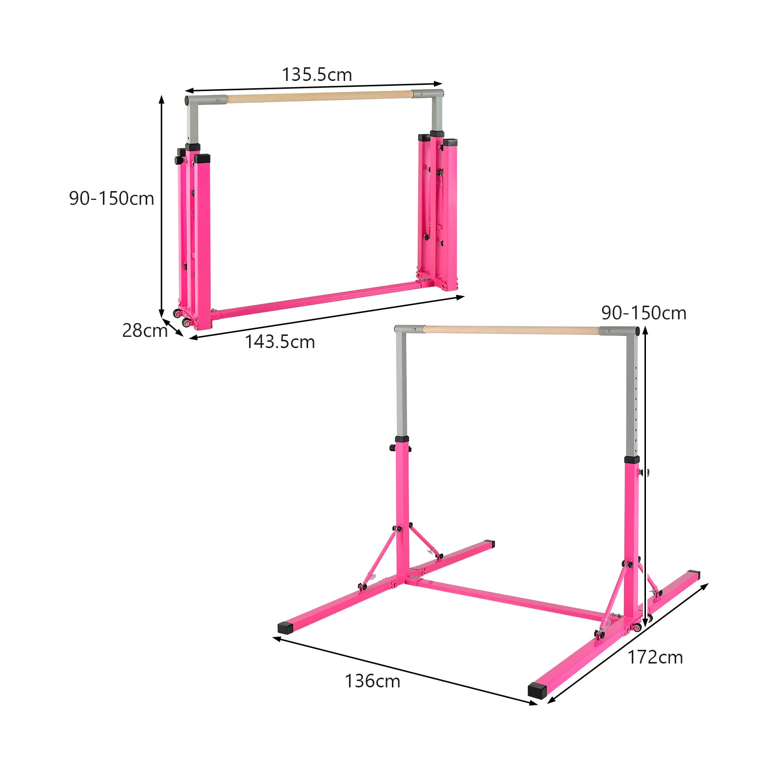 KOMFOTTEU Barra de Gimnasia para Niños, Barra Horizontal con Altura Ajustable de 13 Niveles, Barra de Entrenamiento de Metal y Madera, Equipo de Gimnasia con Carga de 100 kg