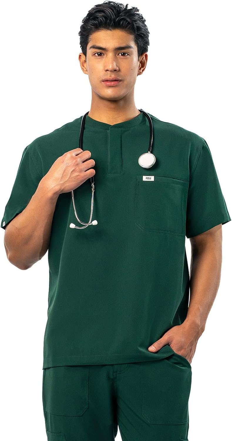 Peelz Karl Henley 2-Pocket Scrub Top for Men - Soft Stretch Fabric Scrubs, 3-Button Design Men's Scrub Tops, Comfort Fit