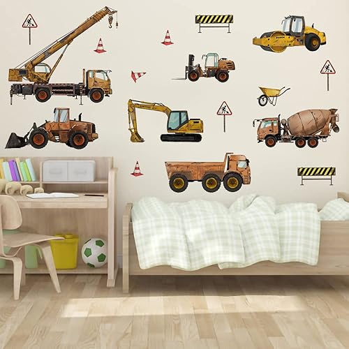 Miniatura 3 de Runtoo Adhesivos de pared para vehículos de construcción, excavadora, tractor, camión, automóvil, decoración de pared para dormitorio de niños,