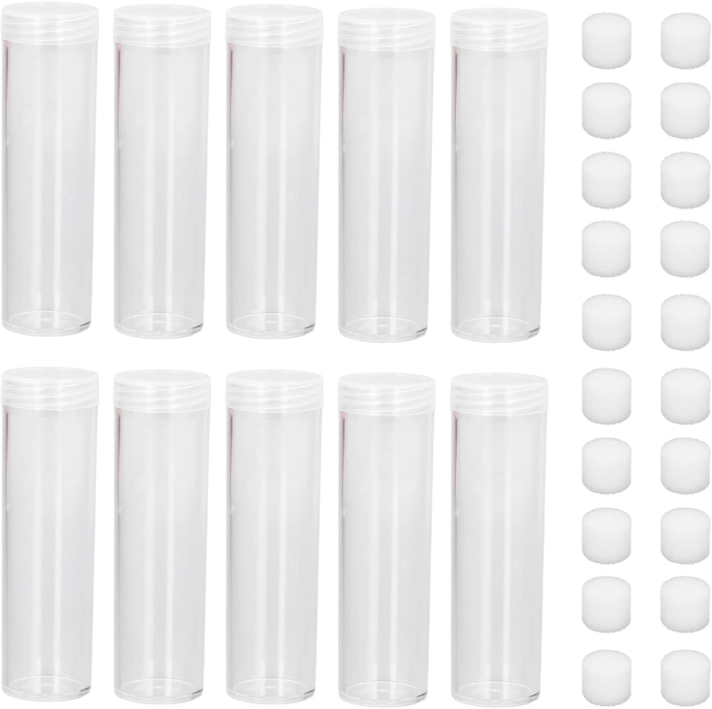 HYWHUYANG 10 PCS Clear Round Coin Tube, Round Coin Collection Case Plastic Coin Storage Tubes with 20 PCS Cushion Sponge Screw on Gasket for 25mm 0.98in Coins Collection (10 Tubes Total)