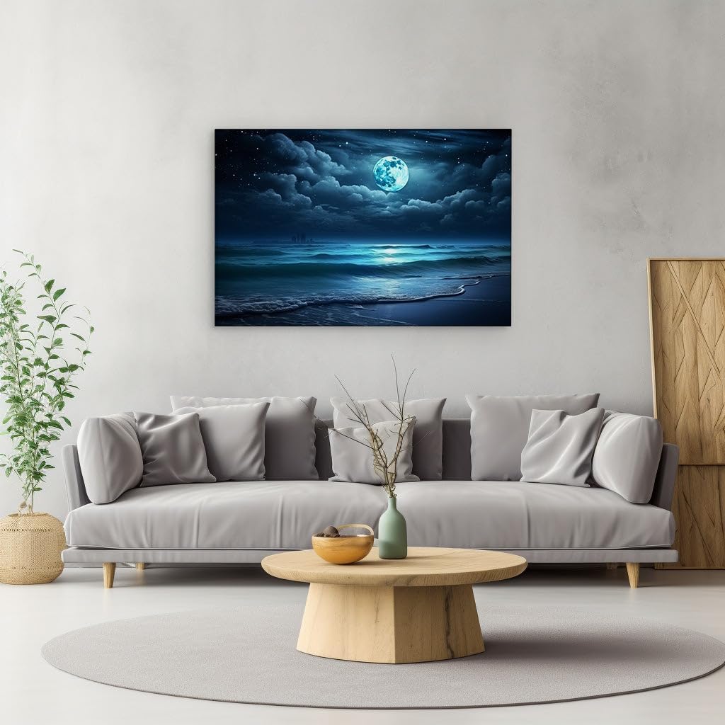 Canvas for Living room. Starry Serenity Meets Urban Glow in Moonlit Beach Splendor, 27 x 18 inch Canvas Wall Art - Universe - Modern Home Decor - 69x46 cm (27x18 inch)
