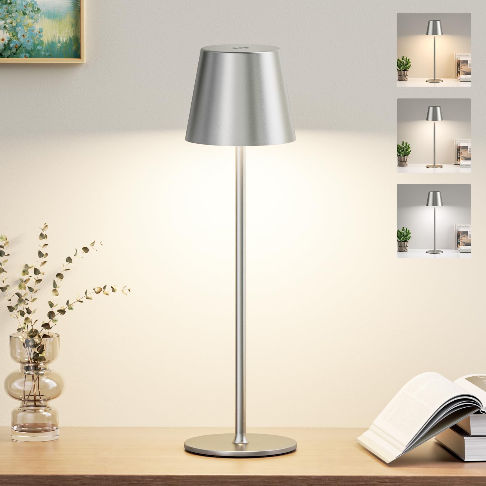PreeOtti Tischlampe Kabellos, Akku LED Tischleuchte Touch mit 3 Farbtemperatur, Stufenlos Dimmbar, Touch Lampe mit USB-C Aufladbar für Outdoor Nachttisch Esstisch Camping(Grau)