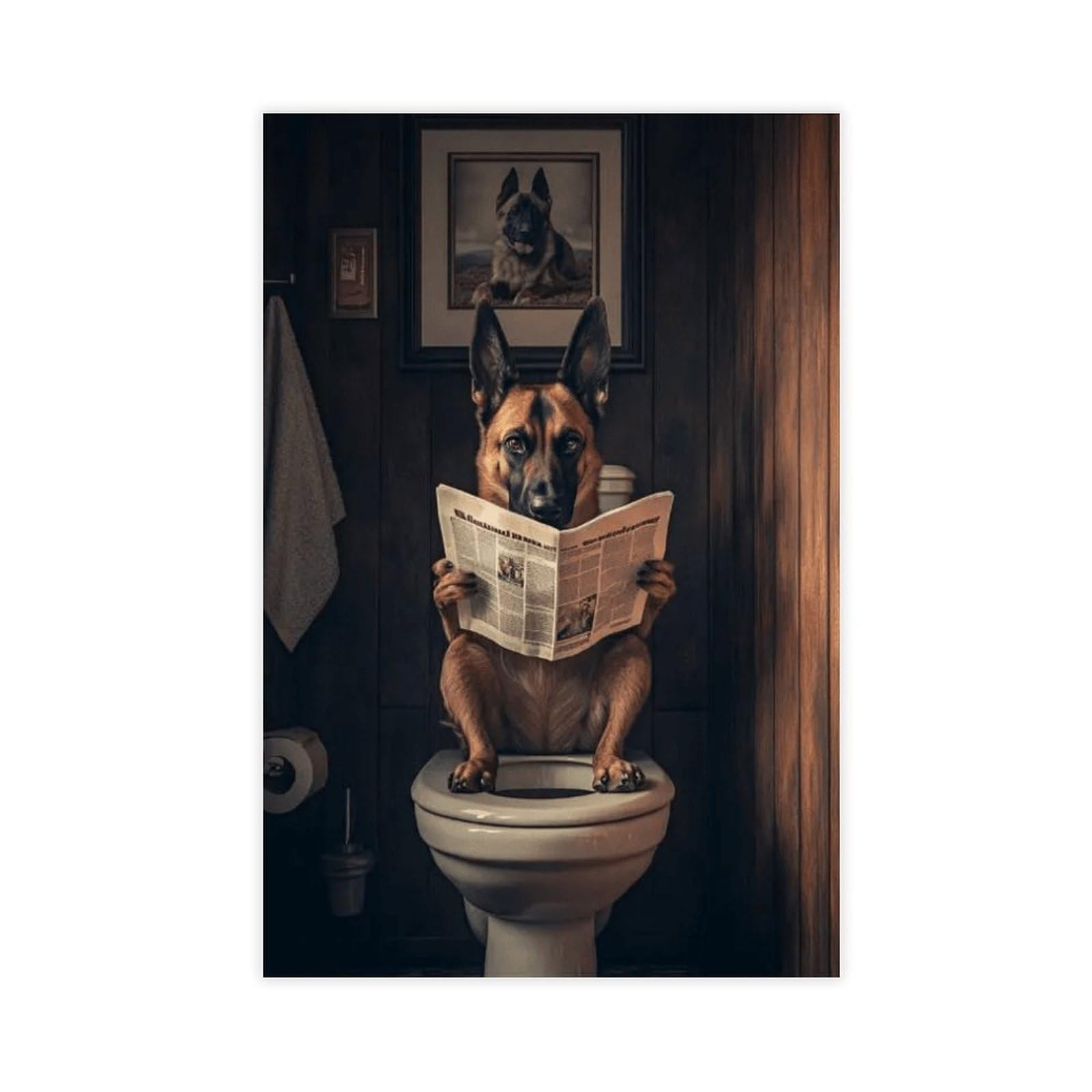 NFFBGFD Belgian Malinois On Toilet Canvas Poster Bedroom Decor Landscape Decor Gift 08x12inch(20x30cm)