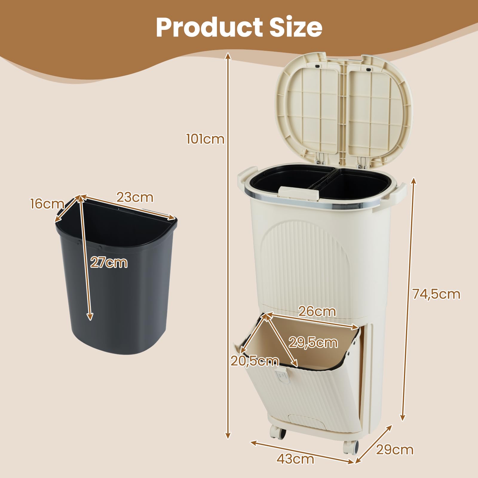 Giantex Bidone per Spazzatura Interno 38 L, Pattumiera da Cucina Differenziata a 3 Scomparti con Ruote e Maniglie, Secchio dei Rifiuti in PP on Coperchi a Pressione e Pedale (Beige)