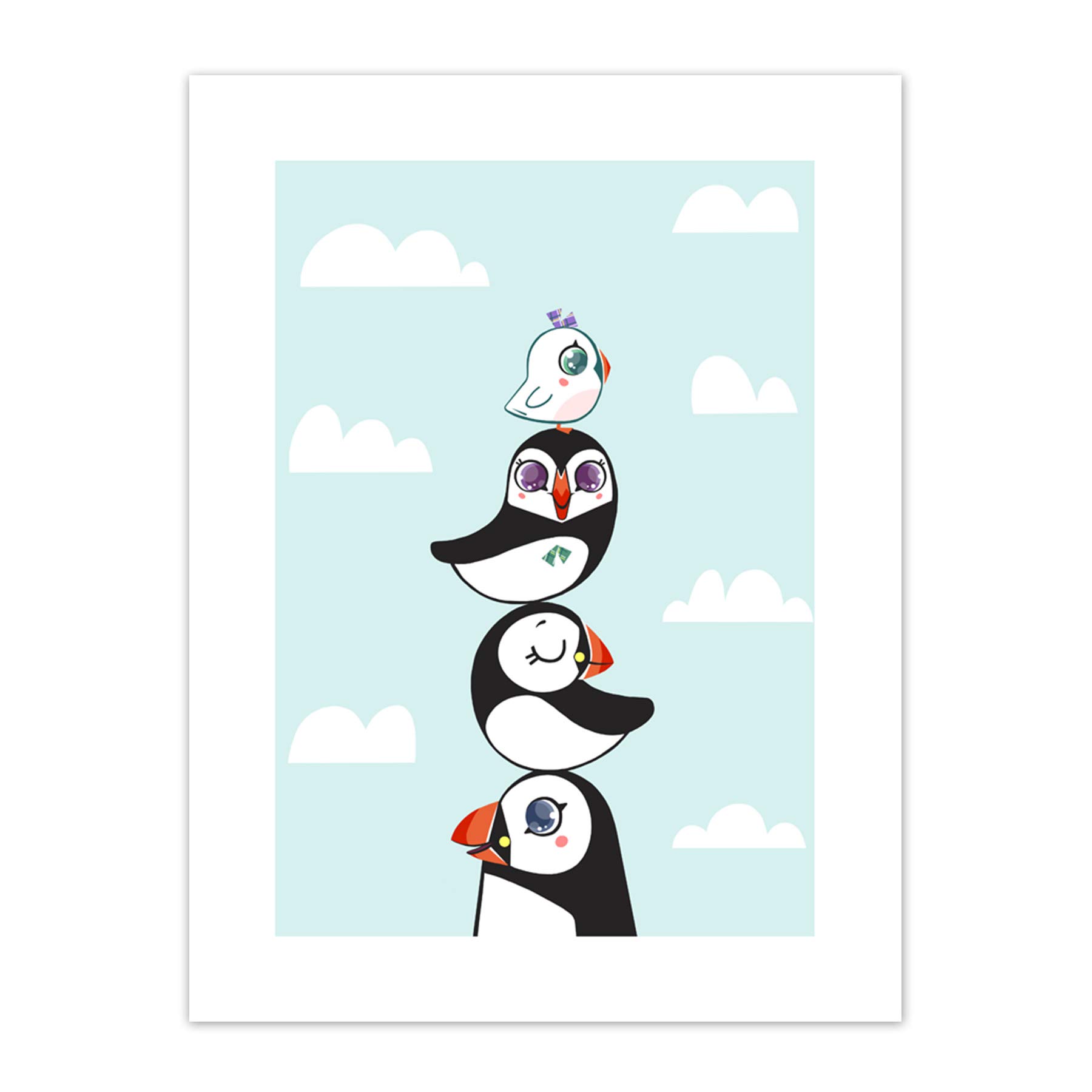 Wee Blue Coo Puffins Family Stacked Art Print Canvas Premium Wall Decor Poster