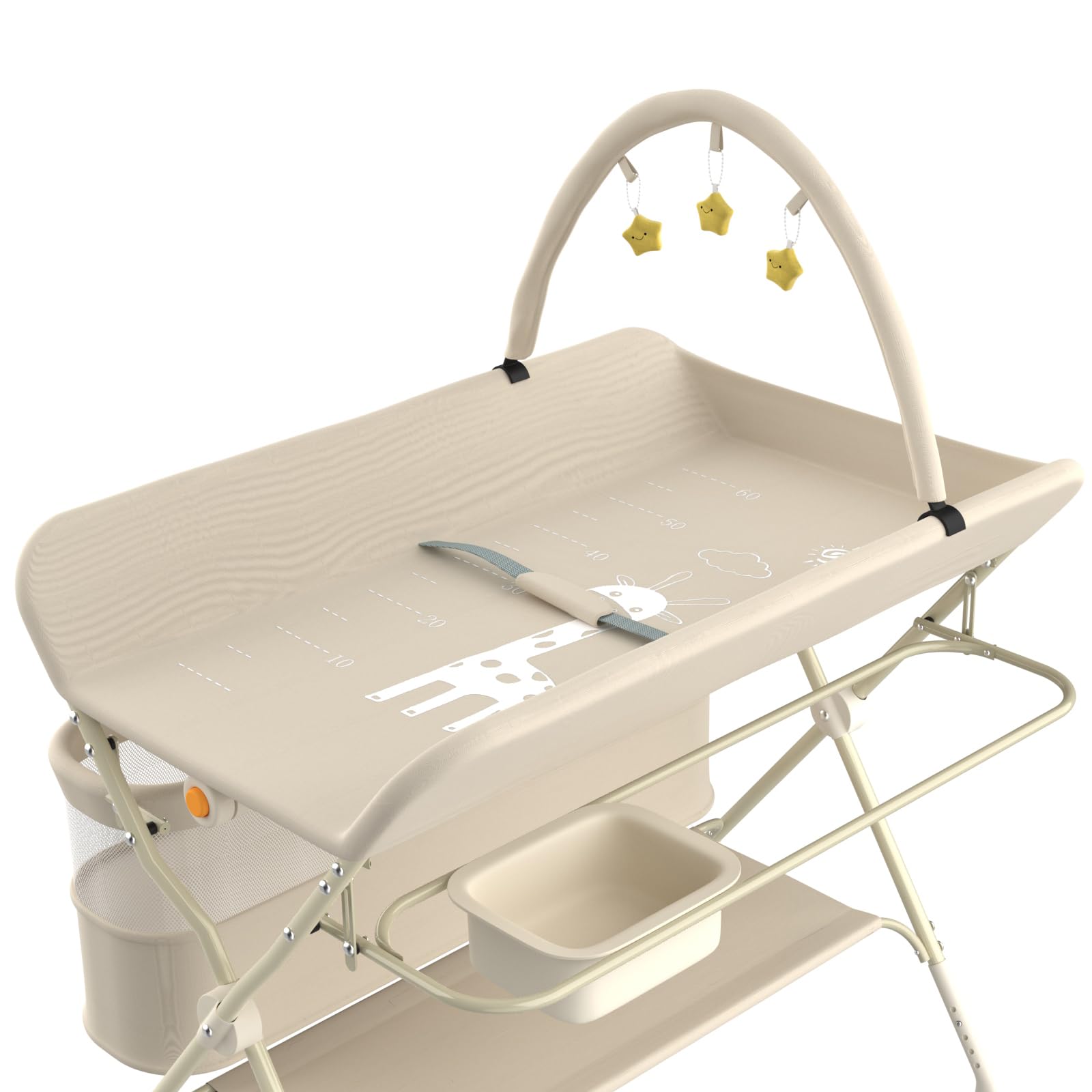 Table à Langer avec roulettes, Pliable, Tapis à Langer Portable, 5 Niveaux réglables, Panier de Rangement à Suspendre pour Nouveau-né, pour Chambre de Bébé,75 * 68 * 83-91cm (B) Blanc crème