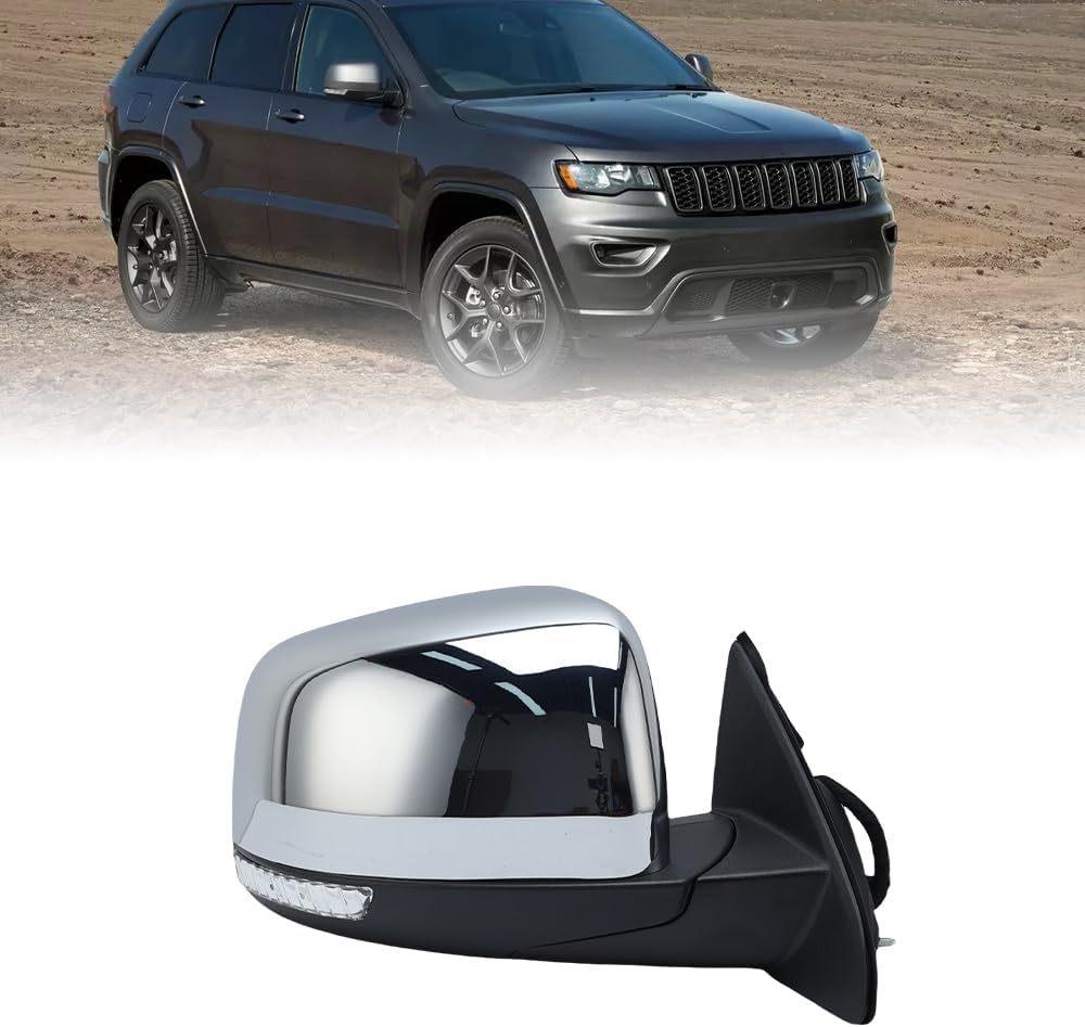 Right 13 Pins Chrome Side Mirror Assembly Manual Folding For Jeep Grand Cherokee 2011-2022 Heated W/Blind Spot Turn Signal Light Memory Passenger Side 68236930AF