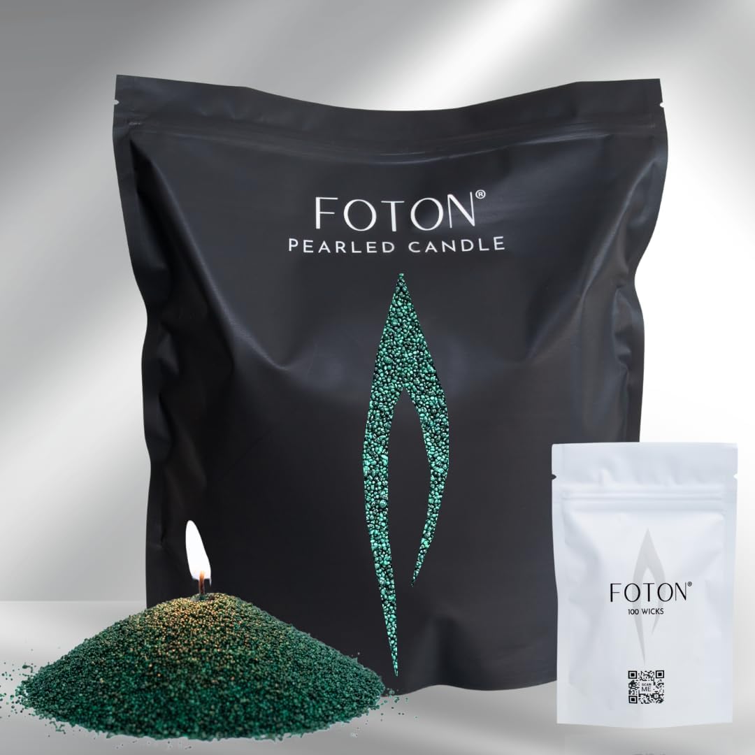 Foton Pearled Candle Grande Bag 64oz - Emerald Green Unscented Non Toxic Luxury Long Lasting Powder Candles - Refillable Candle Sand with 100 Wicks for Candle Making
