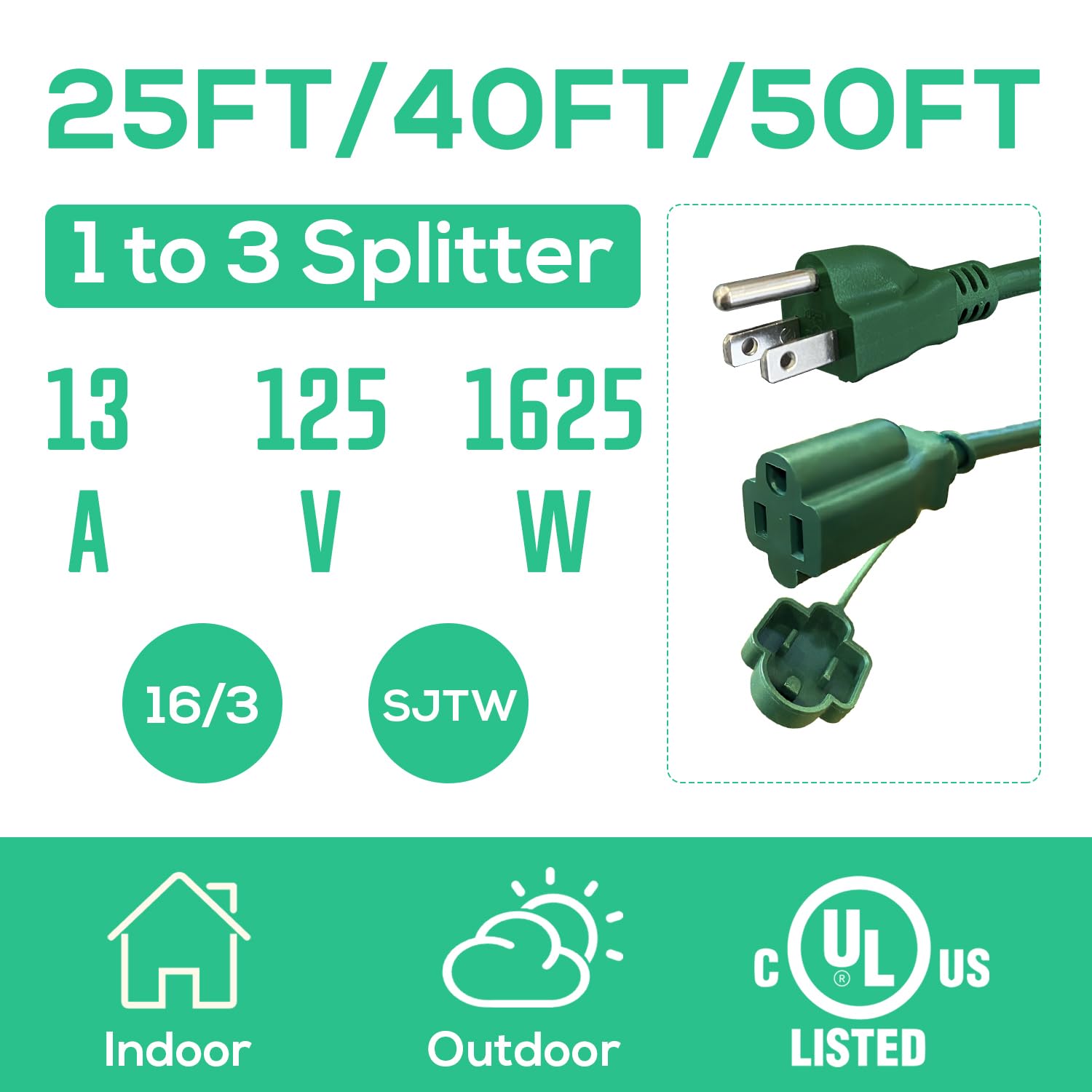 Banord - Cable de extensión divisor de 1 a 3 con longitud combinada de 25 pies (verde)