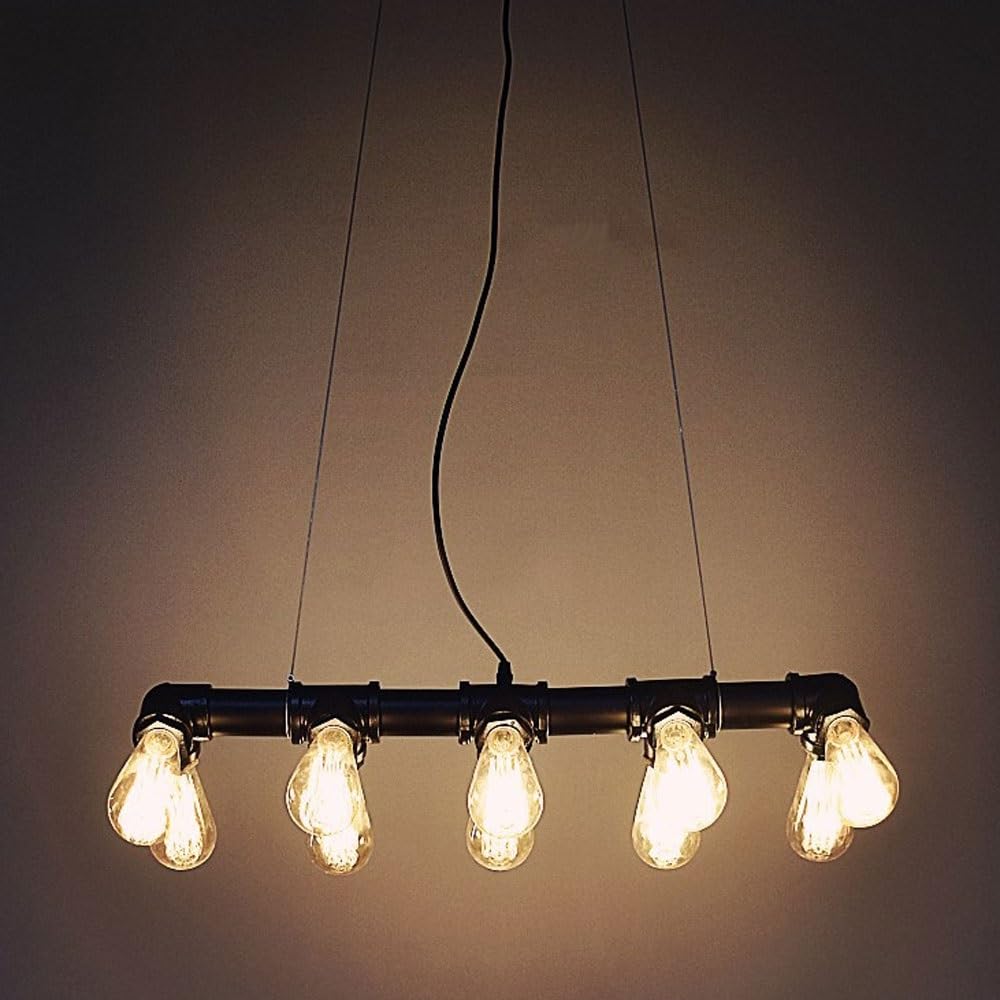 BLOOHK 10-Light Industrial Water Pipe Pendant Light, Steampunk Linear Iron Island Chandelier, Retro Matte Black Hanging Fixture for Kitchen, Dining Room, Bar, Shop