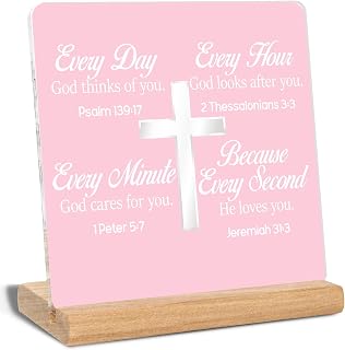 Christian Gifts for Women, Every Day Every Hour Every Minute Because Every Second He Loves You Quotes Bible Verse Acrylic Plaque Signs, Inspirational Gifts, Office Home Desk Decor Signs(Pink)