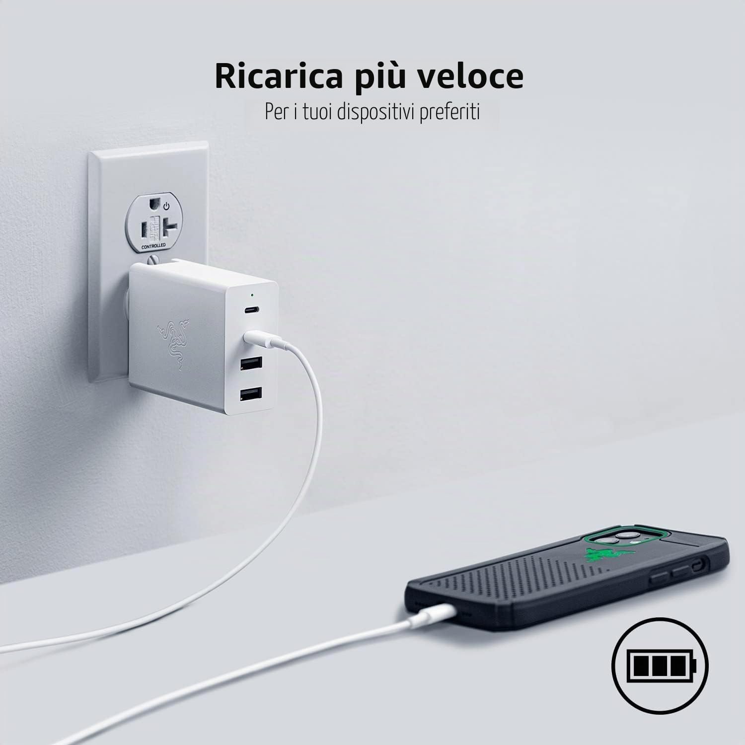 Razer Caricabatterie USB-C GaN - USB-C 130W GaN Charger, Caricatore rapido portatile (2X USB-C, 2X USB-A con porte USA, UE e UK) Bianco