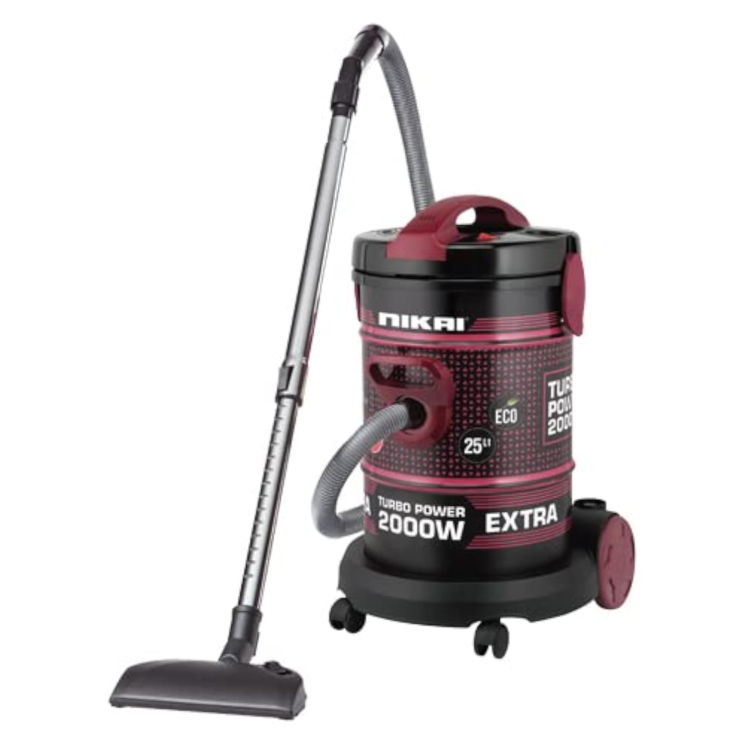 Nikai 25L 2000W Drum Vacuum Cleaner with Blower, Telescopic Tube & 360° Wheels, Compact Lightweight Design, Sponge Filter, NVC350T, Black/Red