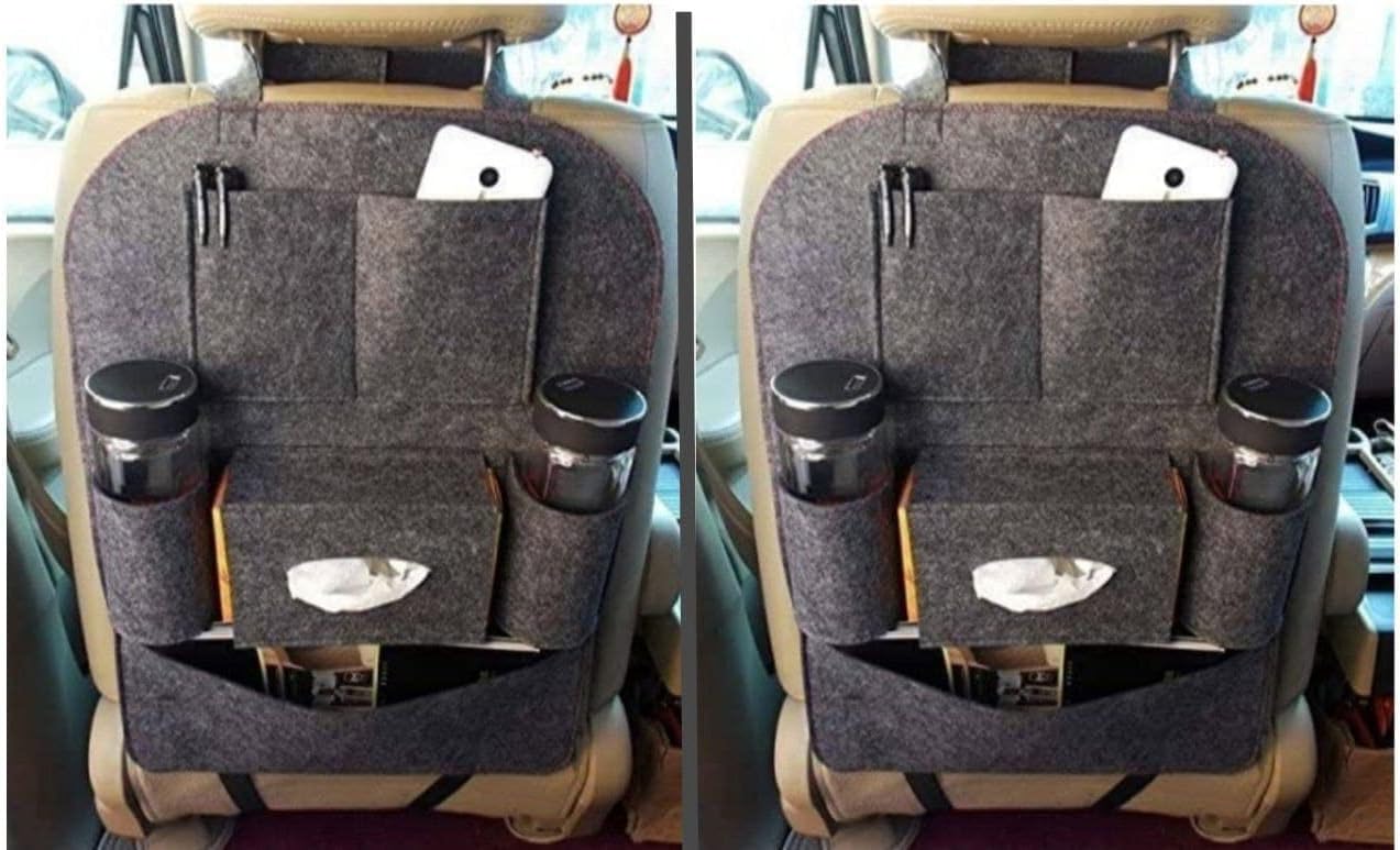 DALTON Car Back Seat Hanging Organizer Bag Universal Auto Multi-Pocket Pad Cups Car Tissue Bag Storage Organizer Holder Bag Foldable Shelf (Tan) (Pack of 2)