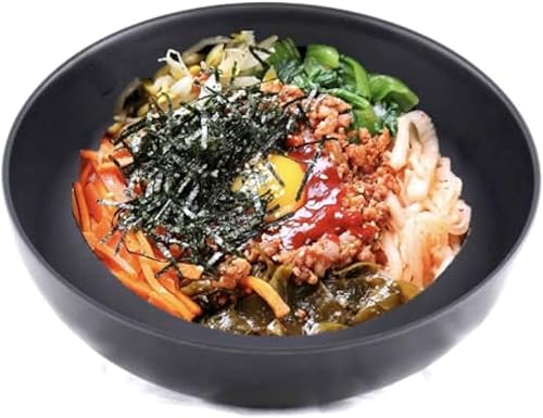 Lucky Star Melamine Round Bowls Bibimbap Ramen Pho Cold Noodle Soup Bowl, 8-9/16" dia. X 3" H (Capacity: 62 oz), Black, Korea Style (6, 8-9/16" dia.