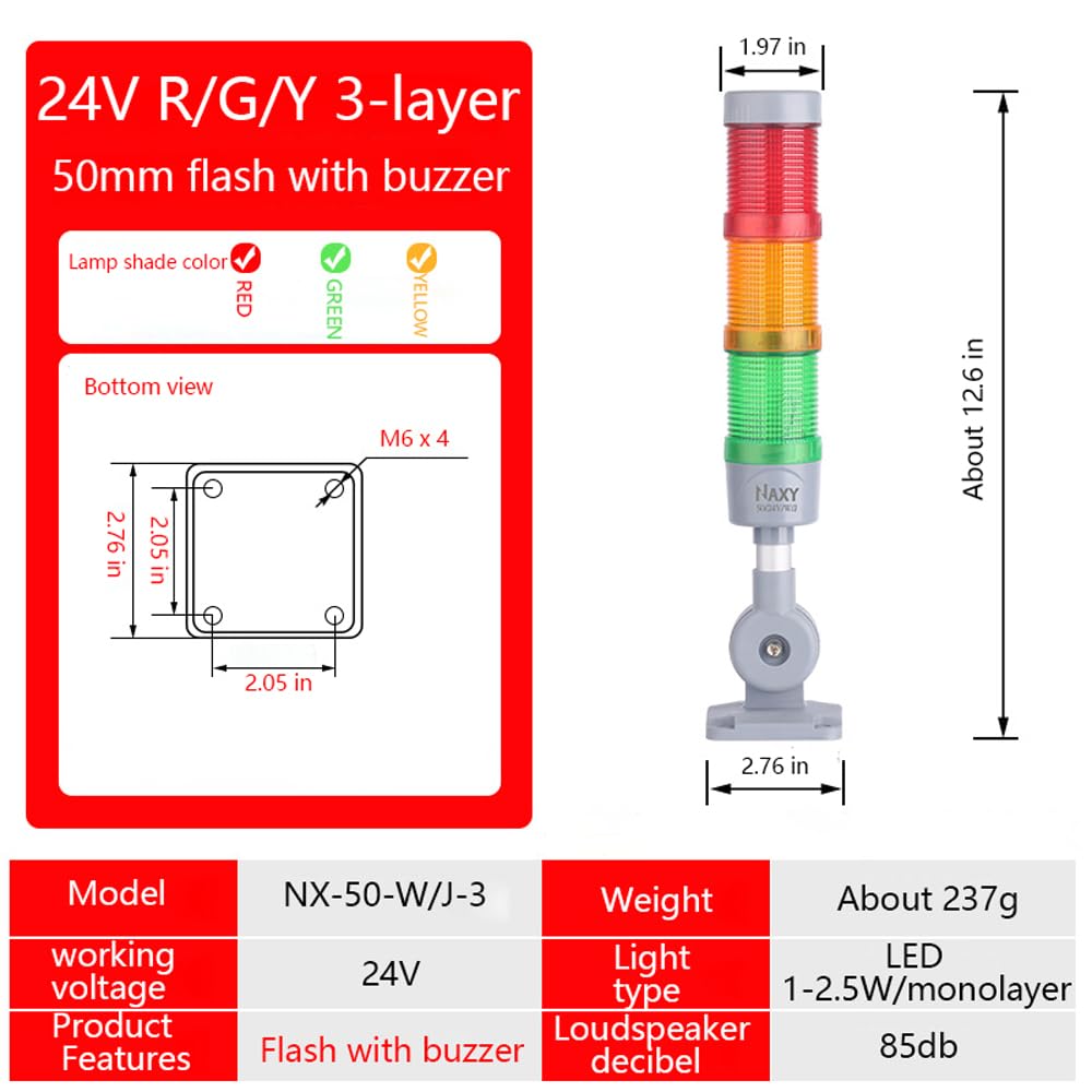 Led Signal Tower Stack Lights, Industrial Signal Warning Lights, Column Tower Lamp Andon Lights with Rotatable Base, Steady/Flashing Light Switchable,12V 24V DC (3 Layer/Flash/with buzzer/24V)