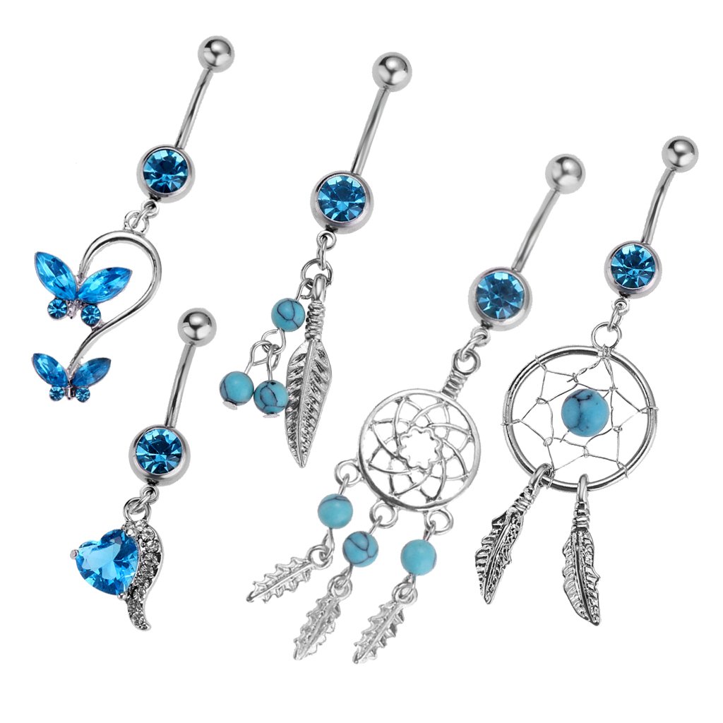 Piercing para ombligo con diseño de atrapasueños, mariposa, hoja, corazón, 5 unidades