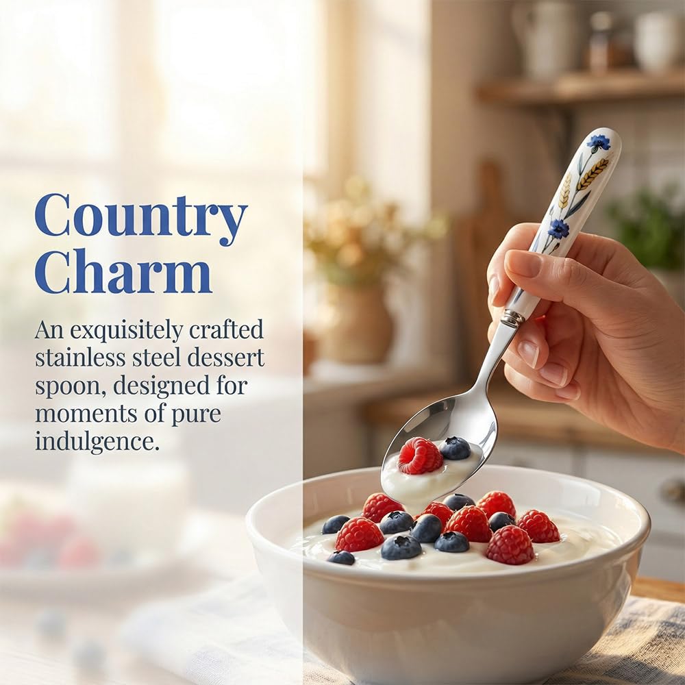 Cuchara de postre de acero inoxidable 18-10 de alta calidad, SUS304, 6.5 pulgadas, 16.5 cm, con mango de cerámica de flor azul de trigo pintado a mano, para el hogar, cocina, restaurante, fiesta (8