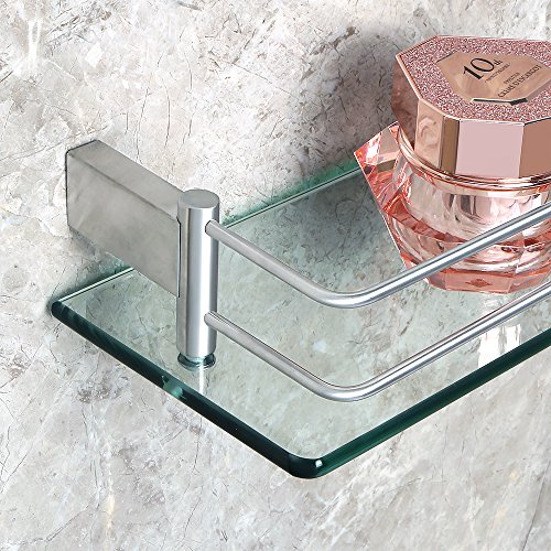 Image of SAYAYO Tempered Glass Shelf Bathroom Shelf with Rail Wall Mounted 20 inches, Stainless Steel Brushed Finished, EGC1000