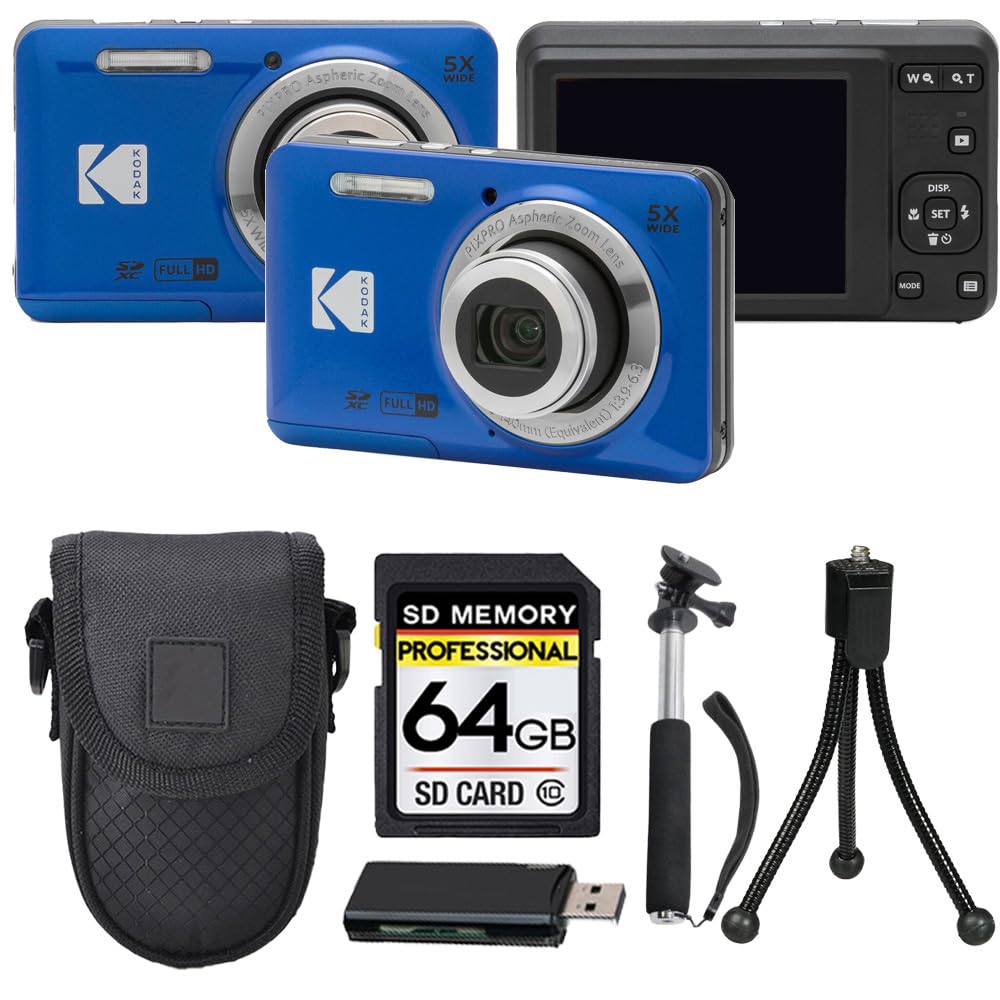 Kodak PIXPRO FZ55 Digital Camera, 16MP Compact Point & Shoot, 5X Optical Zoom, 28mm Wide Angle Lens, 1080P HD Video, Blue + 64GB SD Card, Case, Selfie Stick, Mini Tripod & USB Card Reader-image-17